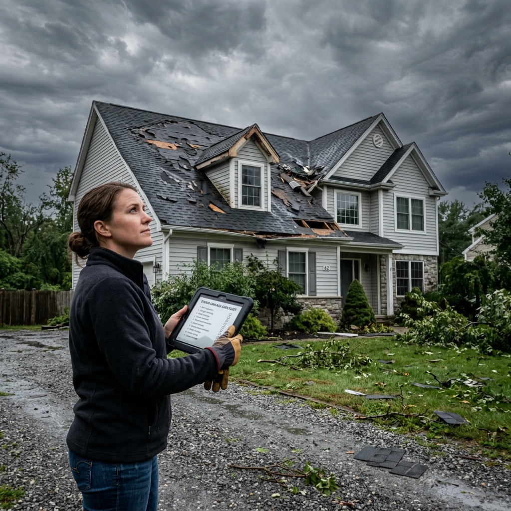 Residential home with storm damage inspection markers